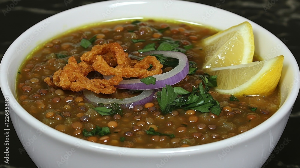 Famous Food of Egyptian concept. Delicious lentil soup garnished with lemon, onions, and crispy toppings. Famous Food of Egyptian concept. Delicious lentil soup garnished with lemon, onions, and crispy toppings.