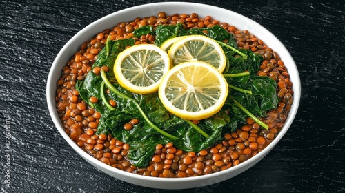 Wallpaper Mural Famous Food of Egyptian concept. A bowl of lentils topped with fresh spinach and lemon slices on a dark surface. Torontodigital.ca