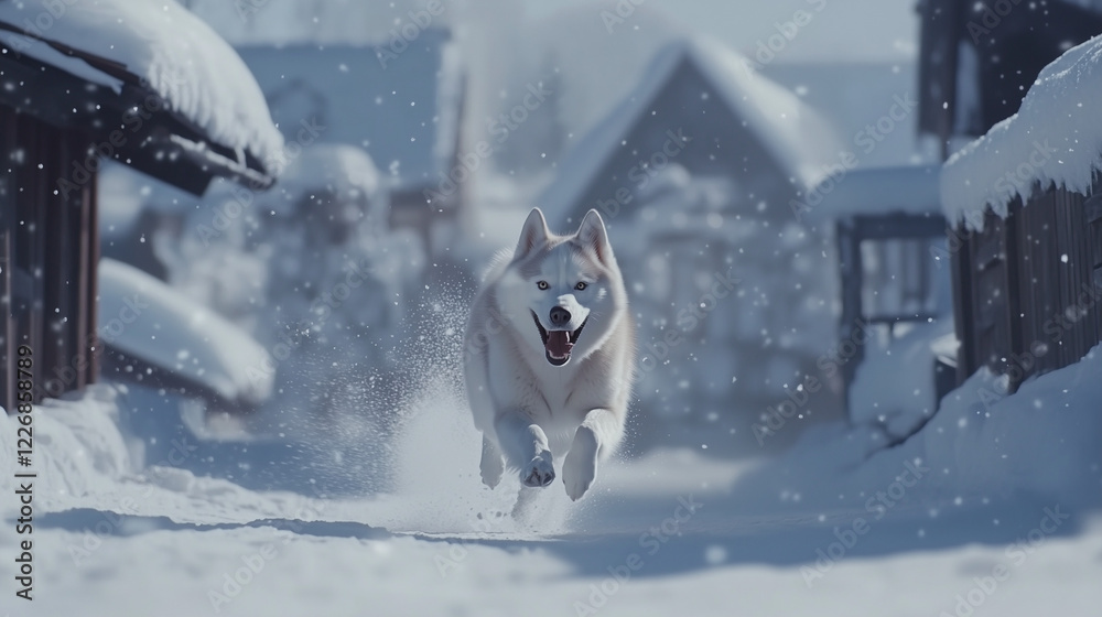 Naklejka premium 雪の上を嬉しそうに駆け回るシベリアンハスキー