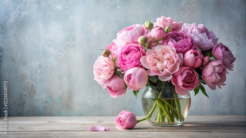 Fototapeta Naklejka Na Ścianę i Meble -  Bunch of pink peonies and roses in a vase, beautiful garden flowers