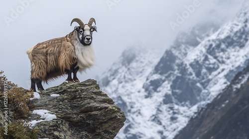 Himalayan tahr standing regally a rocky mountainside its thick coat rippling in the icy wind as snowcapped peaks tower majestically in the background photo