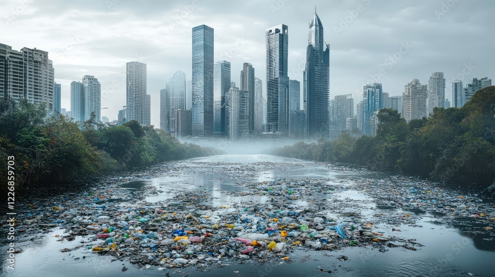 Obraz premium Urban progress looms in the form of skyscrapers as a river below suffers, choked by discarded plastics and industrial waste.