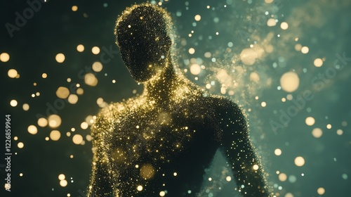 An abstract human figure dissolving into a swarm of glowing particles.