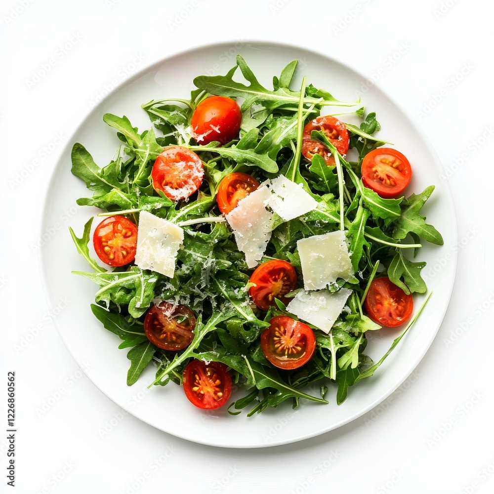A crisp green salad with arugula, cherry tomatoes, and shaved Parmesan A crisp green salad with arugula, cherry tomatoes, and shaved Parmesan
