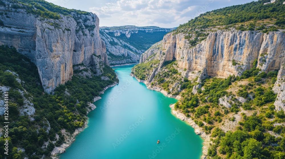 A turquoise river cutting through a deep canyon, surrounded by towering cliffs A turquoise river cutting through a deep canyon, surrounded by towering cliffs