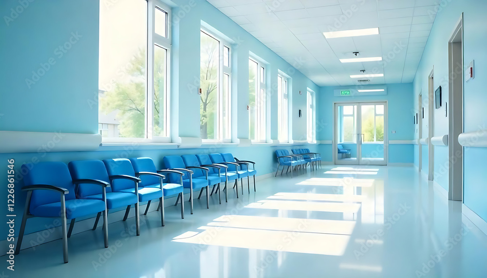 Modern Hospital Waiting Area with Blue Chairs, Natural Light, and Sleek White Floors, Outpatient desk & empty hospital corridor, created with generative ai Modern Hospital Waiting Area with Blue Chairs, Natural Light, and Sleek White Floors, Outpatient desk & empty hospital corridor, created with generative ai