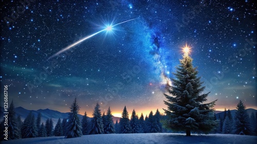 Dark night sky with a shooting star streaking across the stars and a Christmas tree in the foreground photo