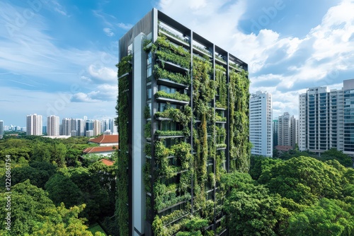 Wallpaper Mural A vertical garden-covered high-rise building in an urban area, with lush greenery cascading down the facade. Torontodigital.ca