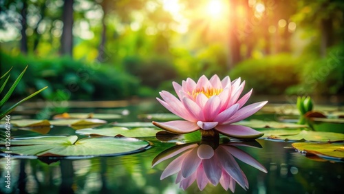 A serene lotus flower blooms in the middle of a peaceful pond surrounded by lush greenery and water lilies, serene environment, pond