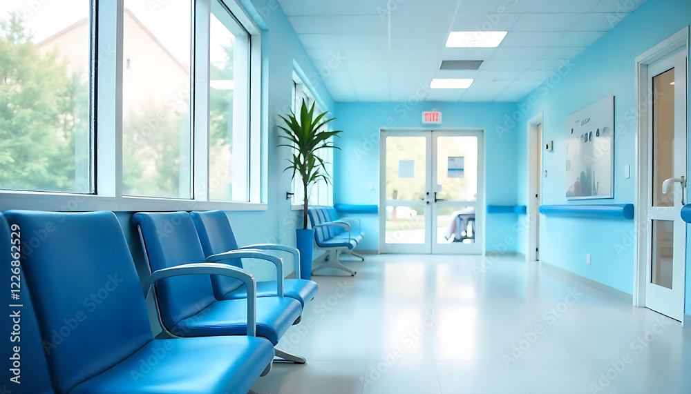 Modern Hospital Waiting Area with Blue Chairs, Natural Light, and Sleek White Floors, Outpatient desk & empty hospital corridor, created with generative ai Modern Hospital Waiting Area with Blue Chairs, Natural Light, and Sleek White Floors, Outpatient desk & empty hospital corridor, created with generative ai