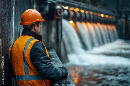Water engineer inspecting a dam outflow during heavy rain