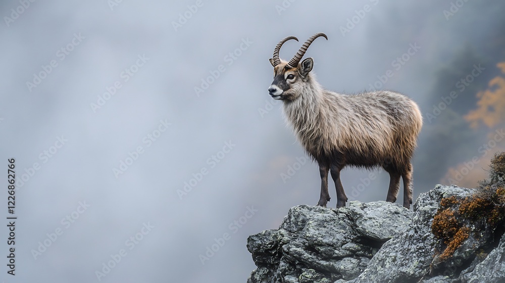 Japanese serow standing silently a fogshrouded rocky ledge its shaggy coat and curved horns glowing gently in the diffused mountain light Japanese serow standing silently a fogshrouded rocky ledge its shaggy coat and curved horns glowing gently in the diffused mountain light