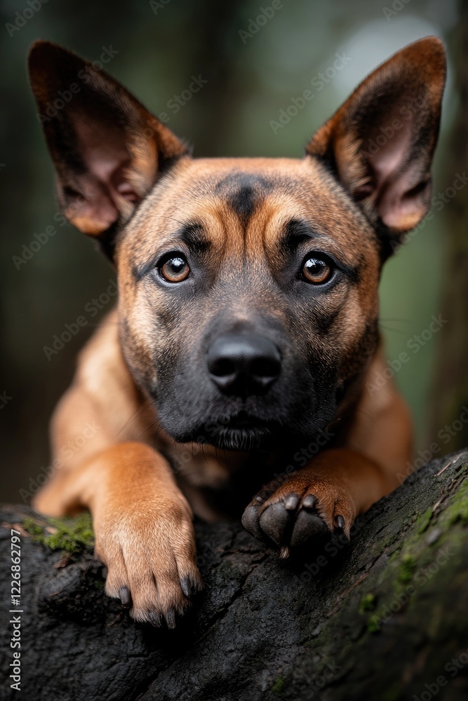 Alert German Shepherd Resting on Forest Log Alert German Shepherd Resting on Forest Log