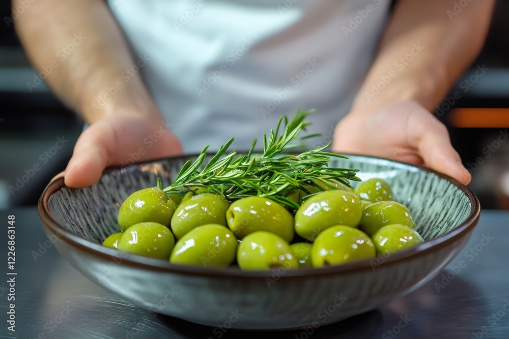 Fototapeta premium Chef presenting fresh green olives with rosemary