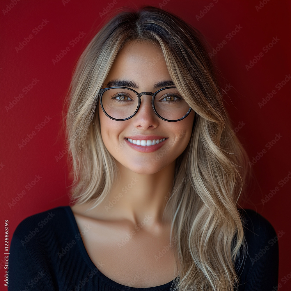 Obraz premium Happy smile businesswoman wearing glasses Blonde hair successful hispanic young business woman smiling confident at camera. Latin middle age female ceo leader on red background businesswoman