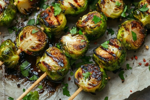 Grilled brussels sprouts skewers with fresh herbs