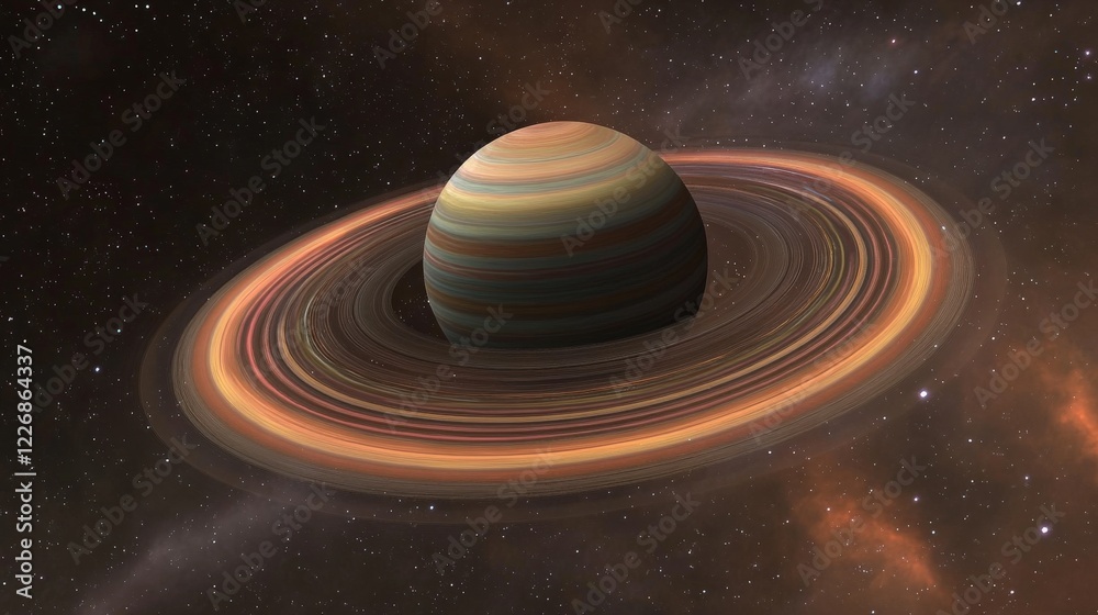 Naklejka premium Vibrant Planet with Colorful Rings Surrounded by Nebula Clouds and Stars in Space