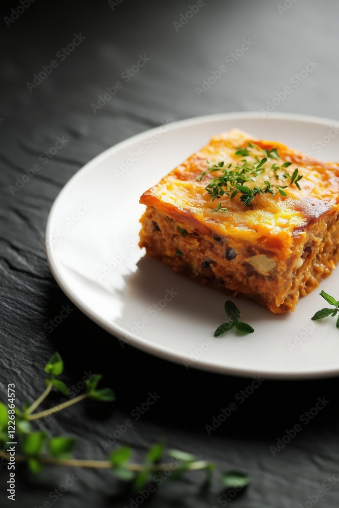A minimalist presentation of a slice of bobotie on a white plate, garnished with fresh herbs, set against a dark textured background A minimalist presentation of a slice of bobotie on a white plate, garnished with fresh herbs, set against a dark textured background