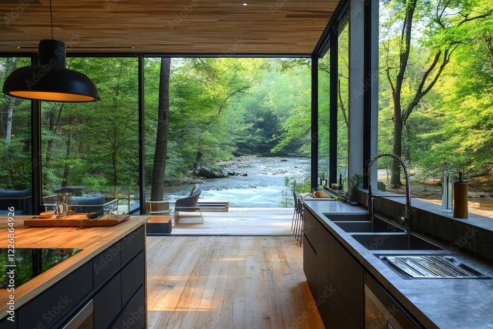 Obraz premium Modern kitchen opening onto terrace overlooking river and forest