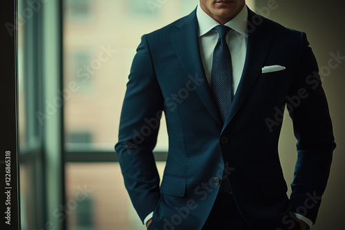 Sophisticated man in a tailored suit stands confidently by the window