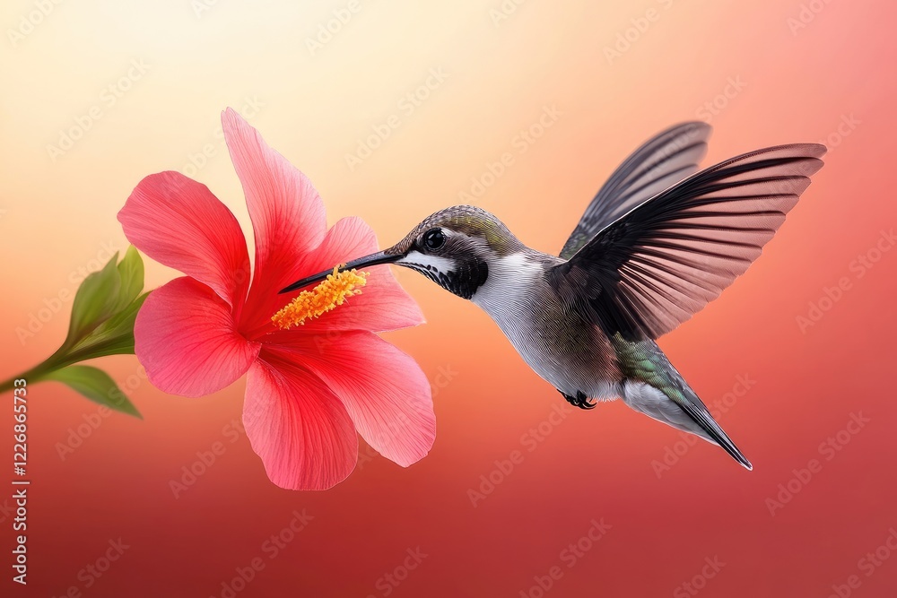 Naklejka premium Hummingbird Feeding from Vibrant Red Hibiscus Flower