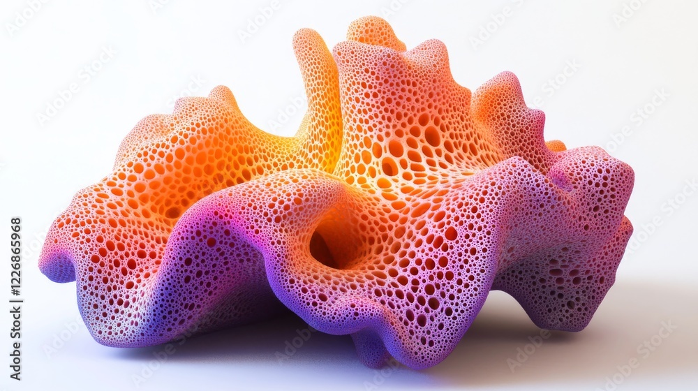 An organic, coral-like structure in 3D, pulsating with gradient colors of orange and purple. An organic, coral-like structure in 3D, pulsating with gradient colors of orange and purple.
