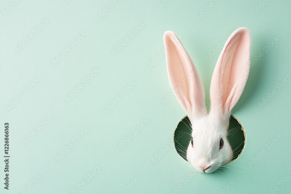 Obraz premium Easter bunny ears peeking out of a hole, Turquoise background