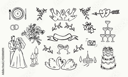 Various whimsical wedding elements. Hand drawn vector illustration. All elements are isolated.