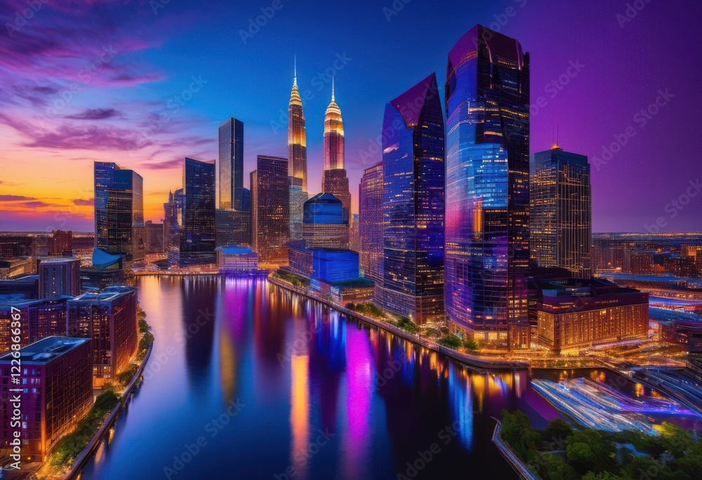 Fototapeta premium vibrant city skyline twilight showcasing bright colorful lights glimmering darkening sky, aerial, cityscape, illumination, urban, modern, skyscraper