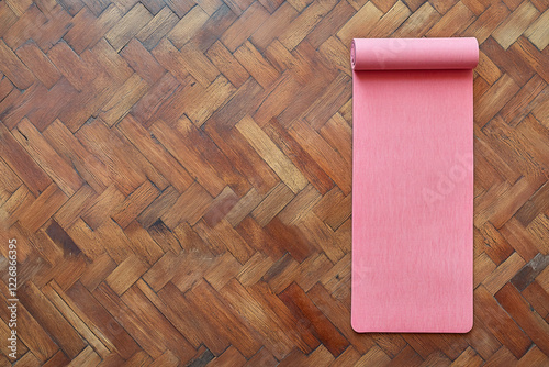 Spread pink yoga mat on parquet floor top view