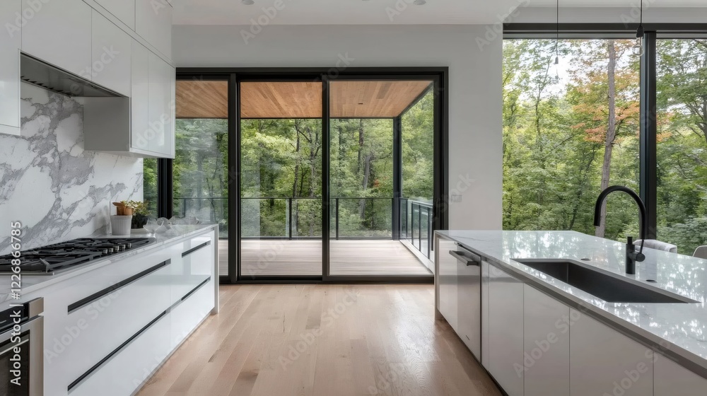 Fototapeta premium Modern kitchen overlooking serene forest view