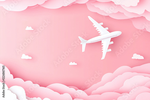 Flat lay design of travel concept with plane and cloud on pink background
