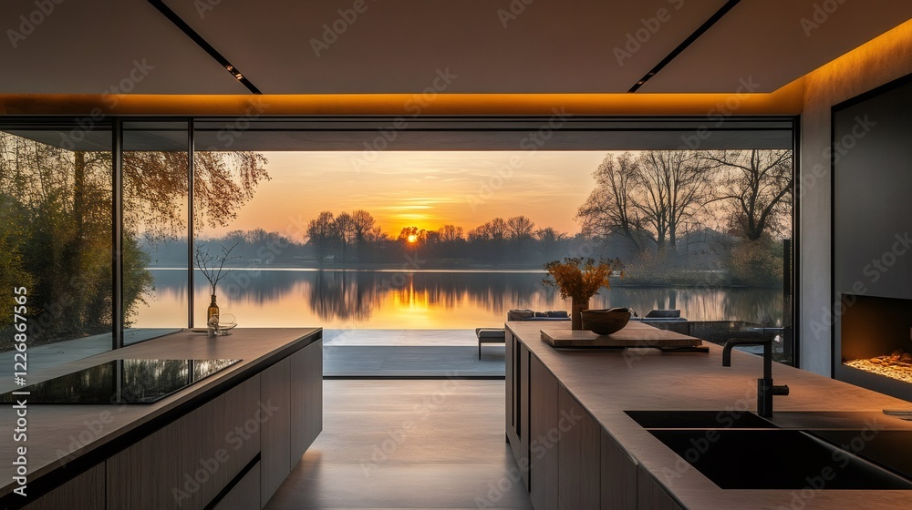 Obraz premium Modern kitchen overlooking serene lakeside sunset