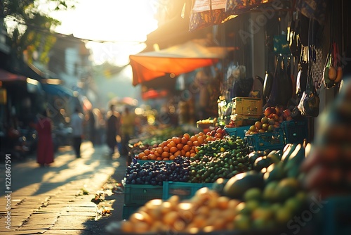 Fresh produce displayed on a sunny street market in asia photo