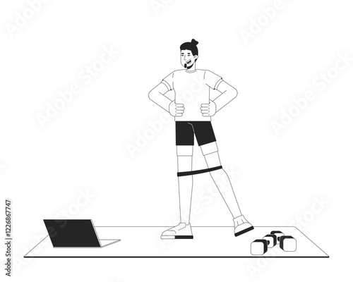 Man doing resistance band exercise on yoga mat with laptop black and white 2D line character. Online fitness workout bearded guy isolated vector outline person. Monochromatic spot illustration