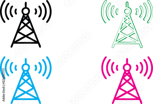 Radio tower icons, simple geometric design, broadcast signals, wireless communication symbols, clean line art, minimalist illustrations, vibrant colors, black green blue pink variations, technology pi