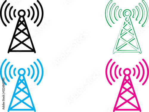 Radio tower icons, simple geometric design, broadcast signals, wireless communication symbols, clean line art, minimalist illustrations, vibrant colors, black green blue pink variations, technology pi