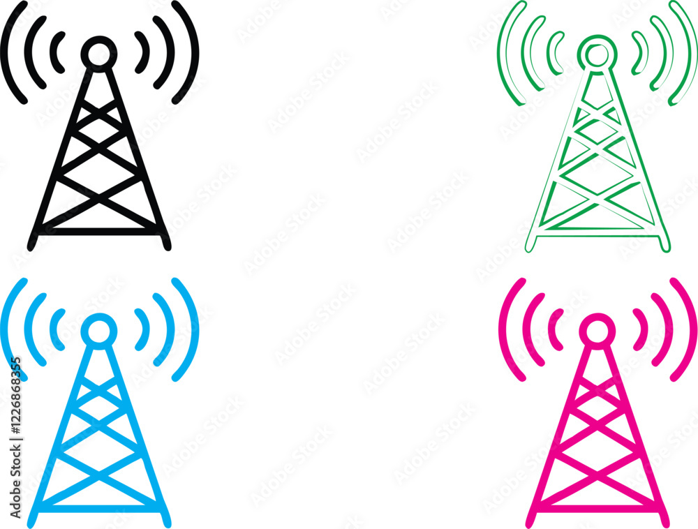 Radio tower icons, simple geometric design, broadcast signals, wireless communication symbols, clean line art, minimalist illustrations, vibrant colors, black green blue pink variations, technology pi Radio tower icons, simple geometric design, broadcast signals, wireless communication symbols, clean line art, minimalist illustrations, vibrant colors, black green blue pink variations, technology pi