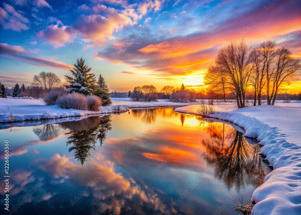 Fototapeta premium Winter Pond Sunset Reflection - Serene Landscape Scene