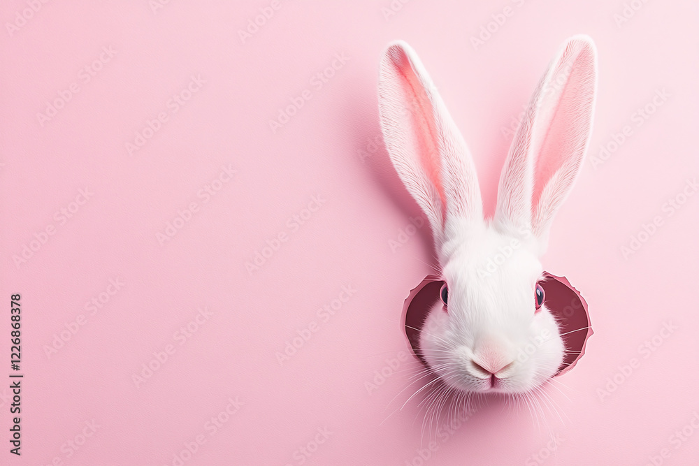 Fototapeta premium Easter bunny ears peeking out of a hole, pink background