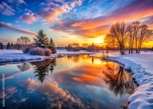 Winter Pond Sunset Reflection - Serene Landscape Scene