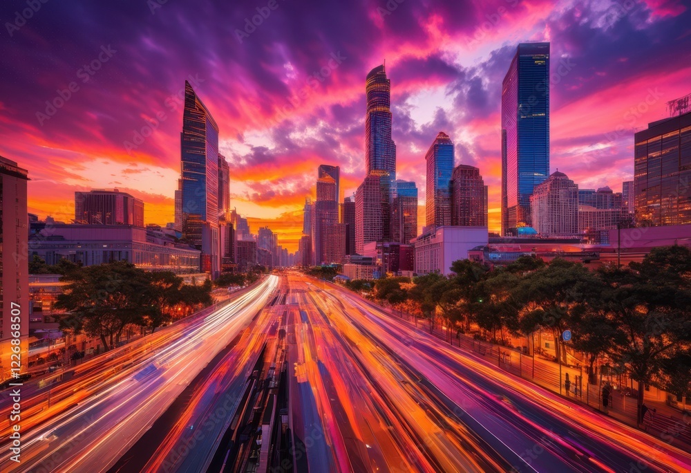 Fototapeta premium vibrant cityscape dynamic urban skyline featuring captivating clouds colorful evening atmosphere, architecture, buildings, contemporary, creatives, design