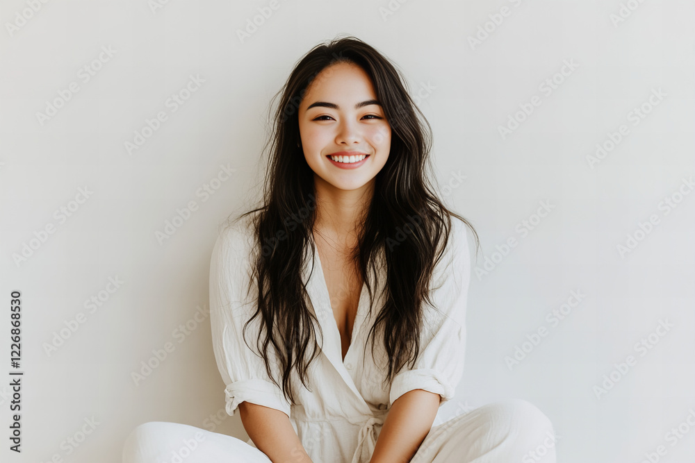 Vibrant Portrait of a Happy Young Asian Woman with Wavy Hair Smiling Brightly Against a Soft Pastel Background Vibrant Portrait of a Happy Young Asian Woman with Wavy Hair Smiling Brightly Against a Soft Pastel Background