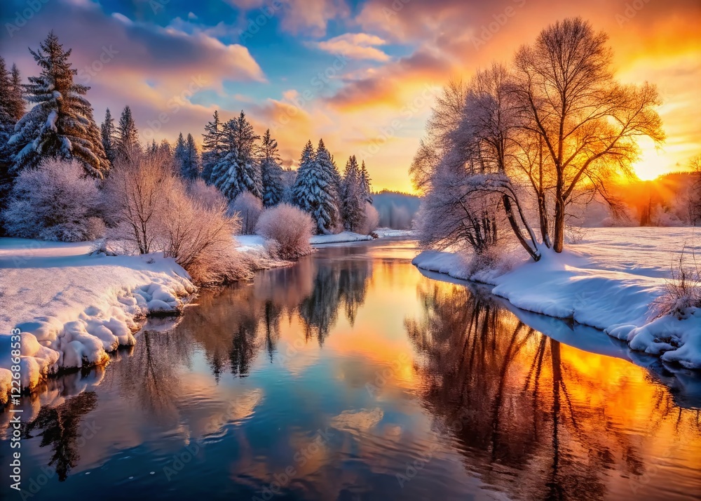 Naklejka premium Winter River Sunset Reflection Snowy Trees AI Photography