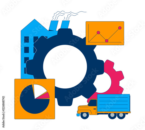 Industry, logistics and data analysis 2D illustration concept. Supply chain. Transportation management. Efficiency factory cartoon composition isolated on white. Metaphor abstract flat vector graphic