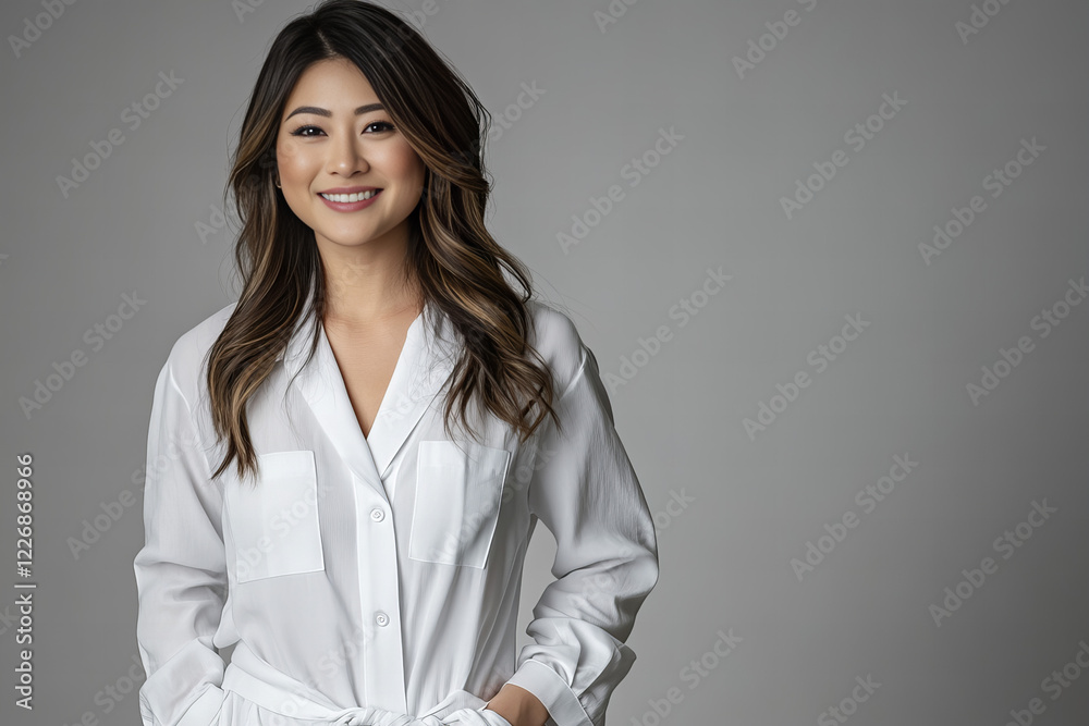 Vibrant Portrait of a Happy Young Asian Woman with Wavy Hair Smiling Brightly Against a Soft Pastel Background Vibrant Portrait of a Happy Young Asian Woman with Wavy Hair Smiling Brightly Against a Soft Pastel Background