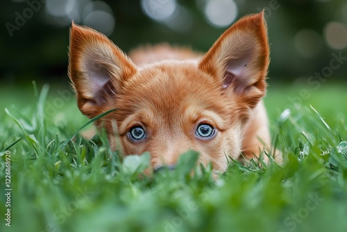 Cute puppy hiding in the grass with big blue eyes photo