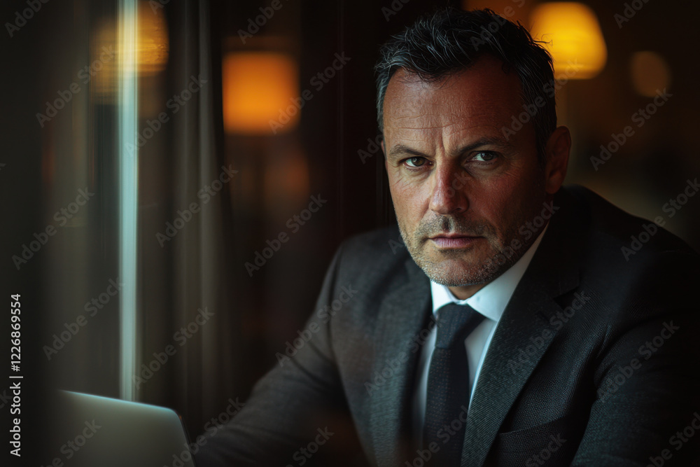 Fototapeta premium Sophisticated man in suit gazes thoughtfully by window at cozy cafe
