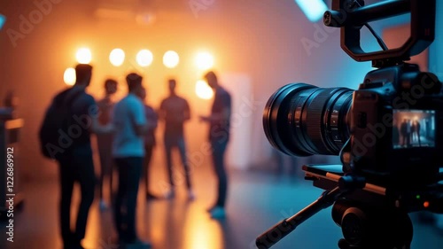 A professional film set with high-end digital video equipment and technicians in a television or film production studio