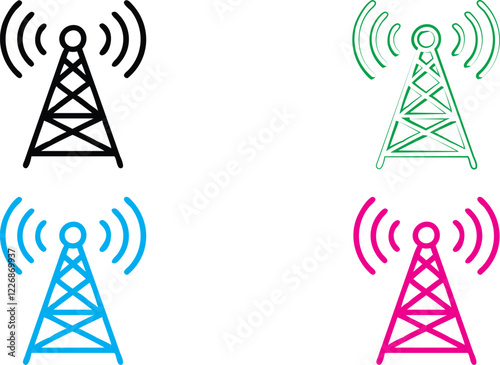 Radio tower icons, simple geometric design, broadcast signals, wireless communication symbols, clean line art, minimalist illustrations, vibrant colors, black green blue pink variations, technology pi